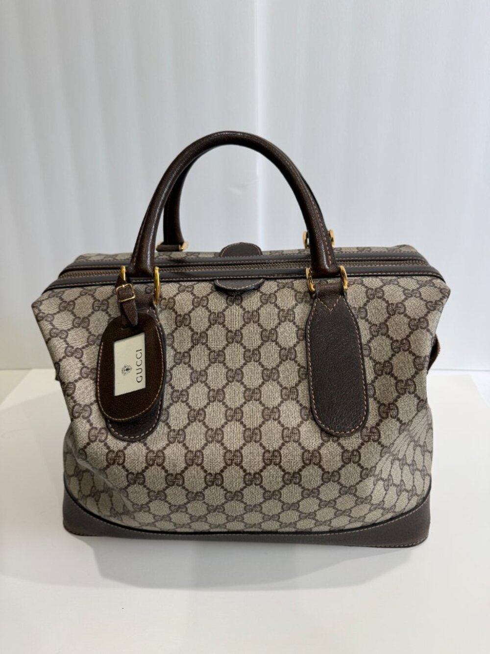 Vintage Gucci GG Monogram Canvas Boston Bag Brown Leather